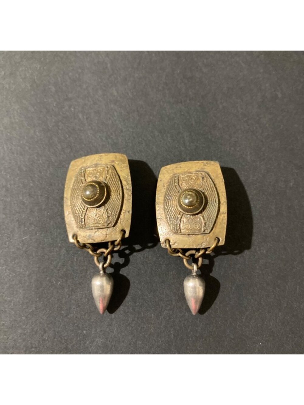 Vintage Marjorie Baer Earrings Clip-On Mixed Metals Chain Drop & Silver Teardrop